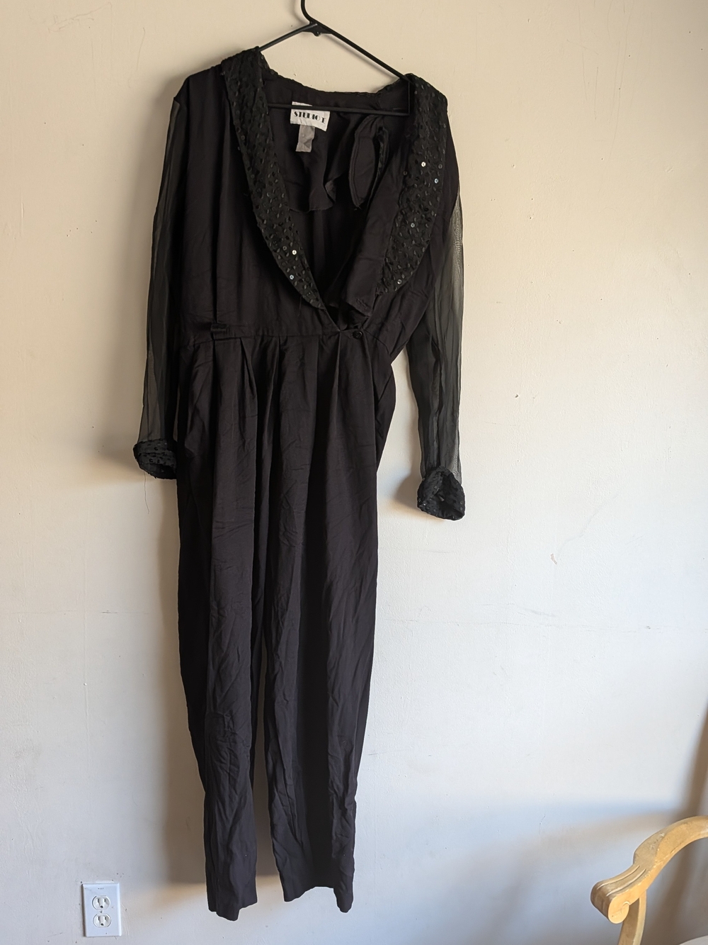 Sheer-Sleeve Black Women's Suit with Sequin Collar